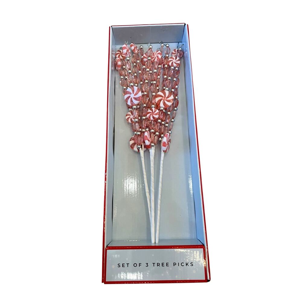 Pink Peppermint Candy Tree Picks 18in Set of 3 Glam Christmas Holiday Decor NEW